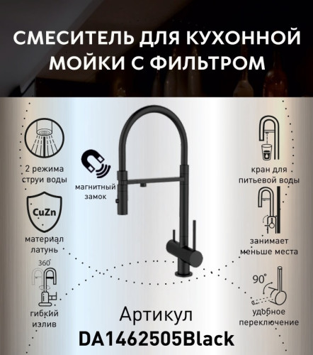 Смеситель для кухни с фильтром и гибким изливом DQ Kitchen (DA1462505Black) черный