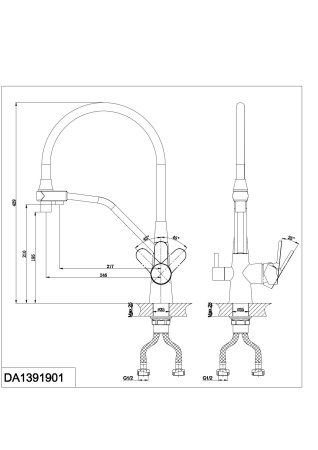 Смеситель для кухни с подключением к фильтру DK Rhein.Marx (DA1391901), гибкий излив, черный/хром