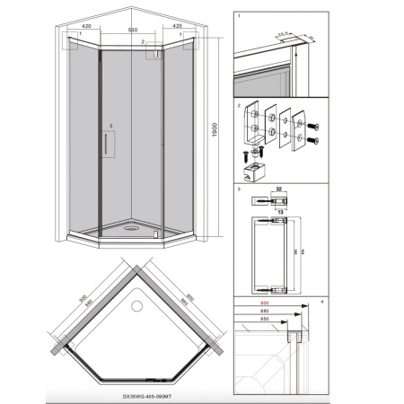 Душевое ограждение 90х90 см Damixa Skyline 5-corner (DX35WG-405-090MT) без поддона