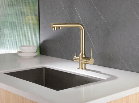 Смеситель для кухни ABBER Emotion (AF8814G) с подключением к фильтру и выдвижной лейкой, золотистый