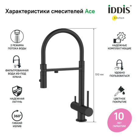 Смеситель для кухни с фильтром и гибким изливом IDDIS Ace (ACEBLFFi05), черный
