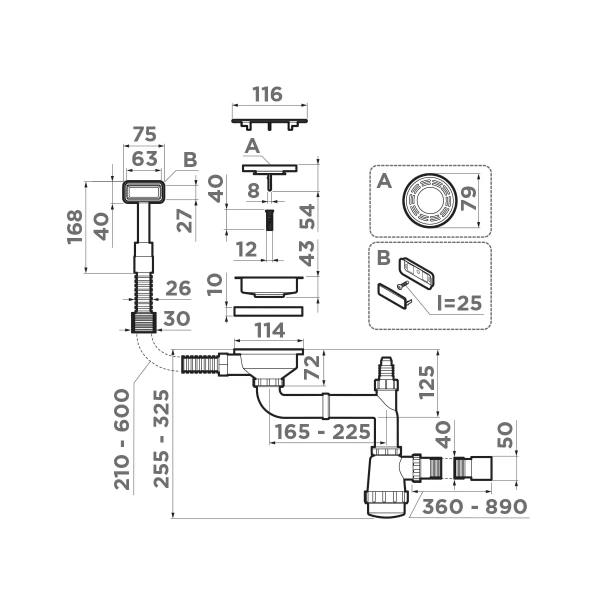 Арматура для одночашевых моек Omoikiri WK-1C-IN (4956472) с прямоугольным переливом и декоративным элементом для корзины, сталь