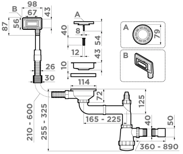 Арматура для одночашевых моек Omoikiri WK-1-UN-IN (4956777) с прямоугольным переливом, сталь