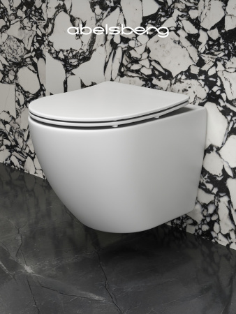 Подвесной безободковый унитаз ABELSBERG Arcade Ceramic (ARC60801WH) TornadoFlush и ультратонким сиденьем OneClick
