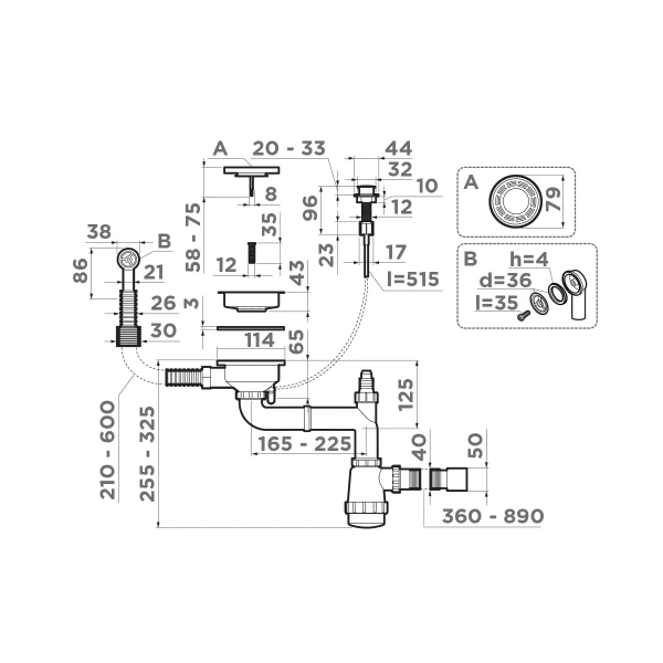 Арматура для одночашевых моек Omoikiri WK-1-R-A-IN (4956164) с клапаном-автоматом и круглым переливом, сталь
