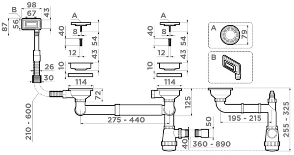 Арматура для полуторачашевых моек Omoikiri WK-1.5-UN-IN (4956778) с прямоугольным переливом, сталь