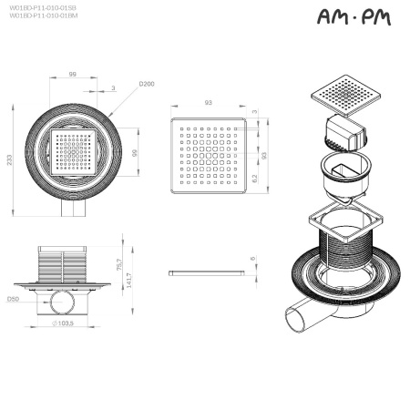 Душевой трап 10x10 см AM.PM MasterFlow (W01BD-P11-010-01SB) сталь матовая