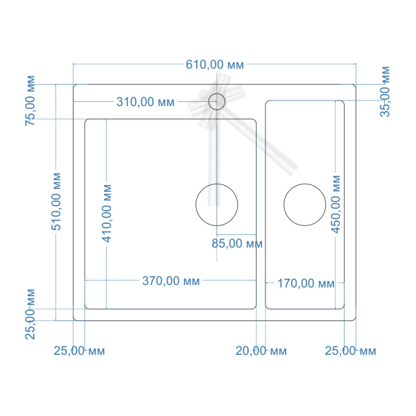 Мойка кухонная врезная 61х51 см MELANA Profline (MLN-RS6151HL) с двумя чашами, левосторонняя