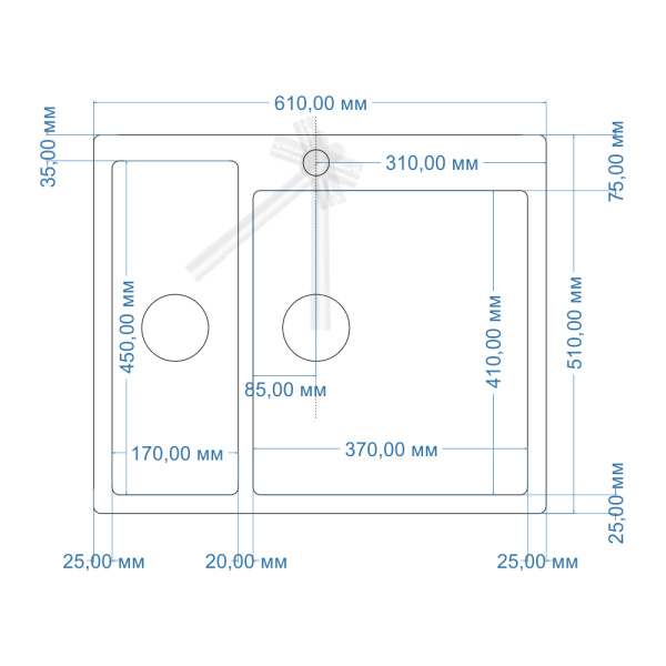 Мойка кухонная врезная 61х51 см MELANA Profline (MLN-RS6151HR) с двумя чашами, правосторонняя
